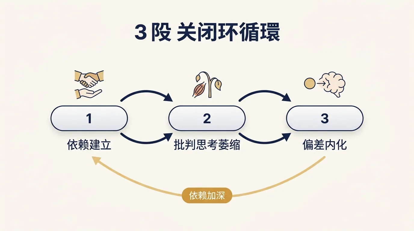 cognitive offloading 三阶段闭环:依赖建立 → 批判思考萎缩 → 偏差内化