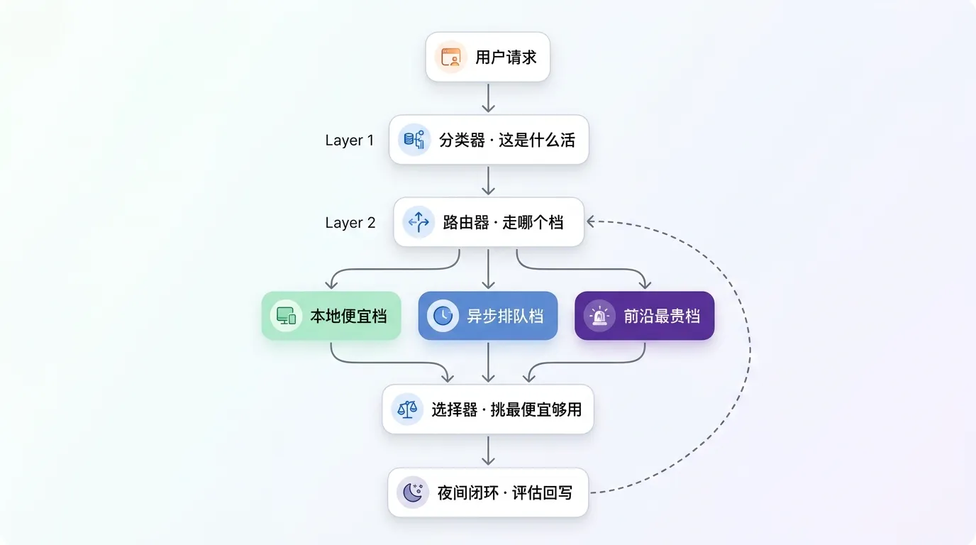三层路由 + 夜间闭环流程图