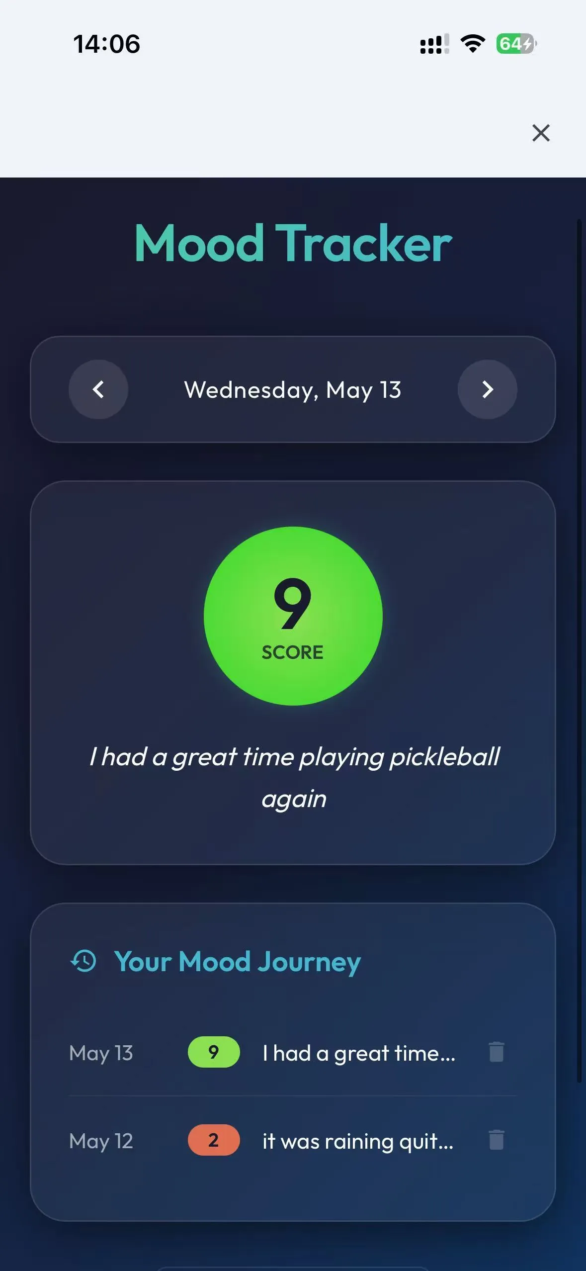 Mood Tracker dashboard 全屏视图:May 13 得 9 + May 12 得 2