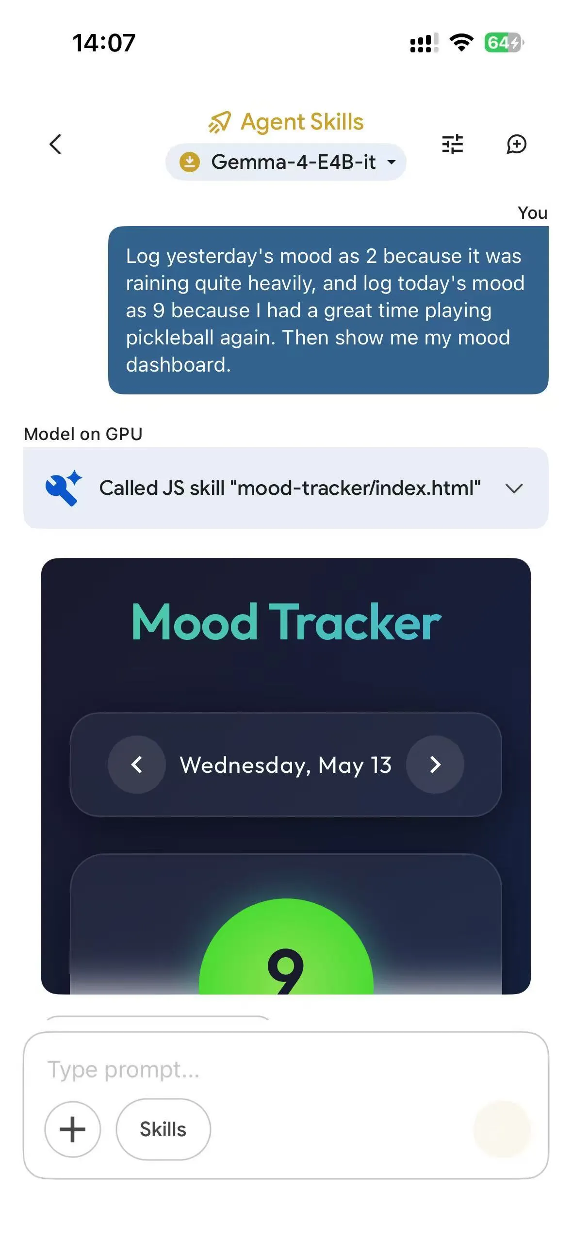 Edge Gallery 跑 mood-tracker skill 一次 prompt 记两天心情 + 渲染 dashboard