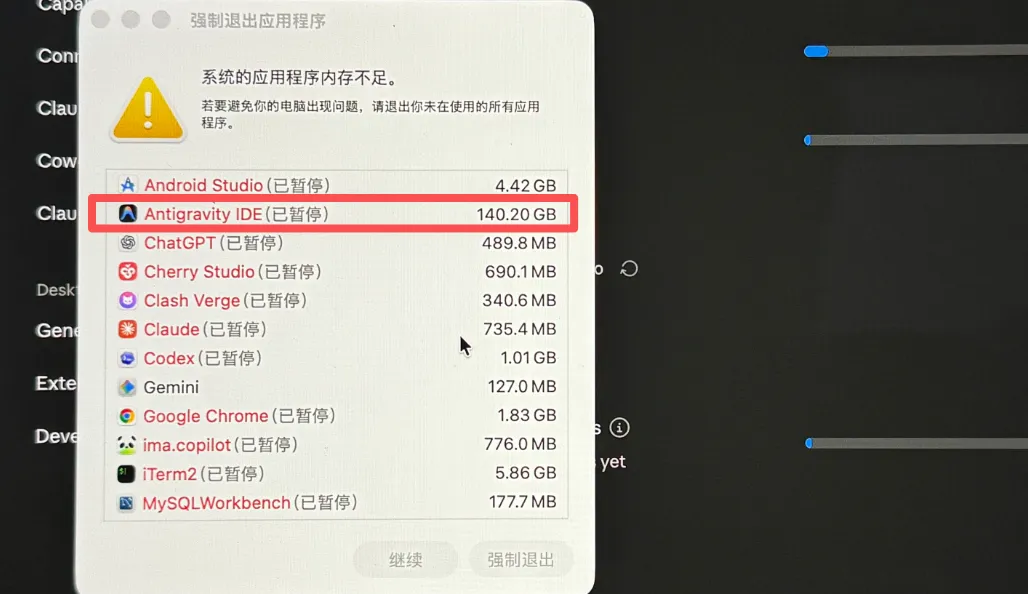 macOS 内存告急弹窗,Antigravity IDE 占用 140.20GB