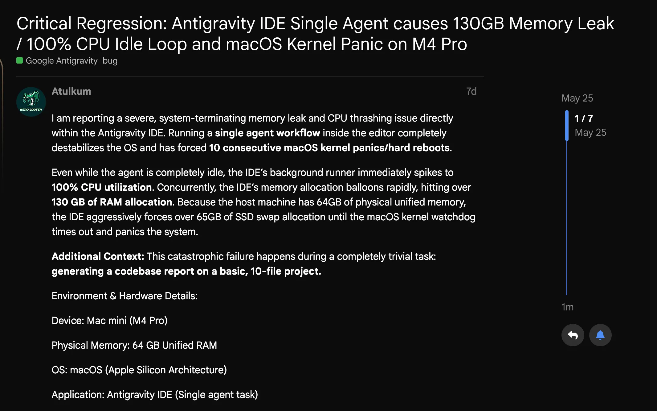 Google 开发者论坛 bug 帖:Antigravity 单 agent 泄漏 130GB 内存并触发 macOS 内核崩溃