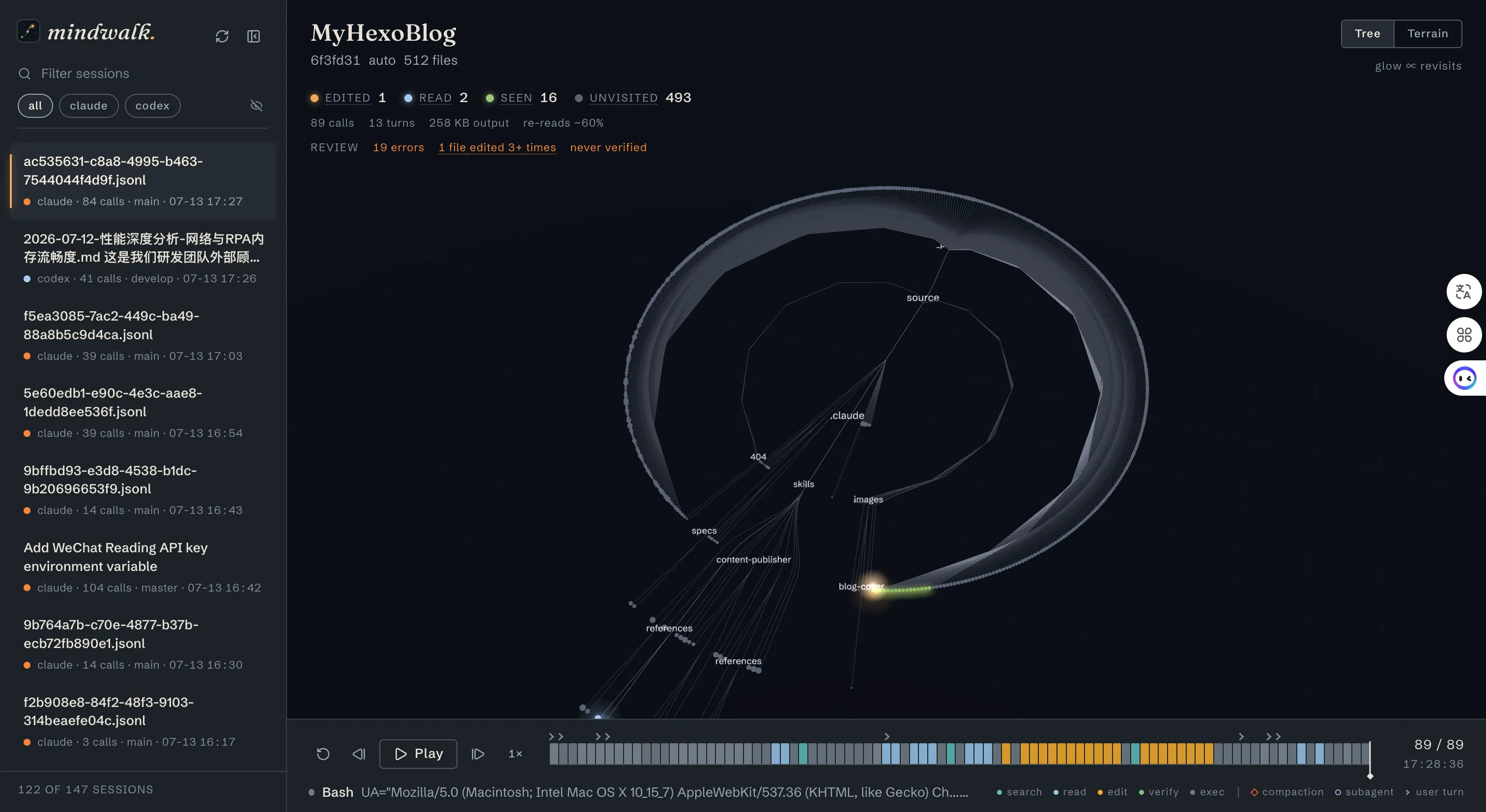 Mindwalk Tree 视图·MyHexoBlog 仓库 Ploy 篇 CC 会话·89 calls · 512 里 493 黑